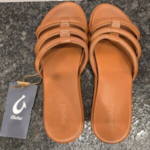 OluKai Sandals Women's Leather Slides Padded Straps Casual Comfort Tan Shoes US9